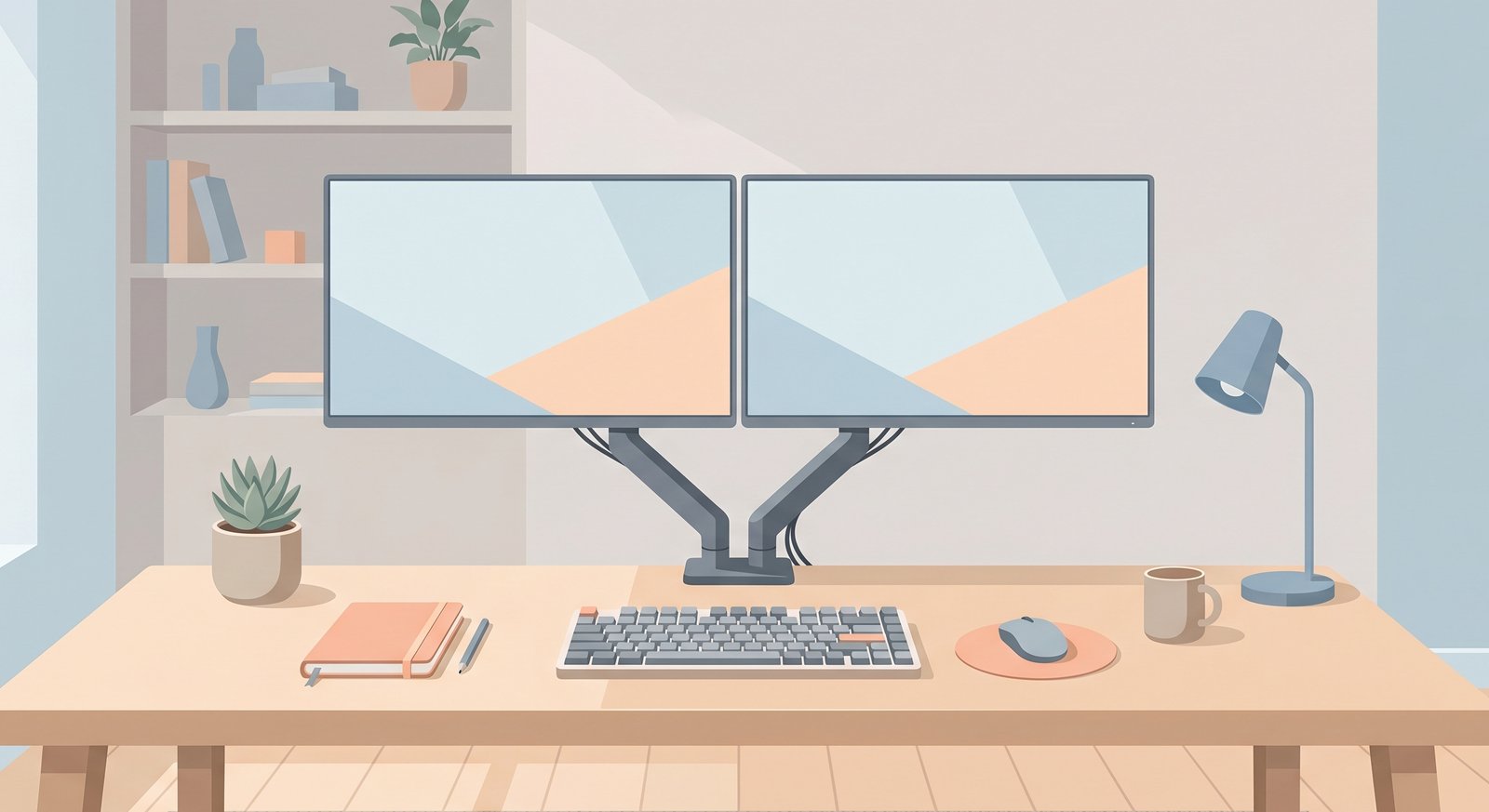 Dual monitor setup home office with two monitors on desk arms
