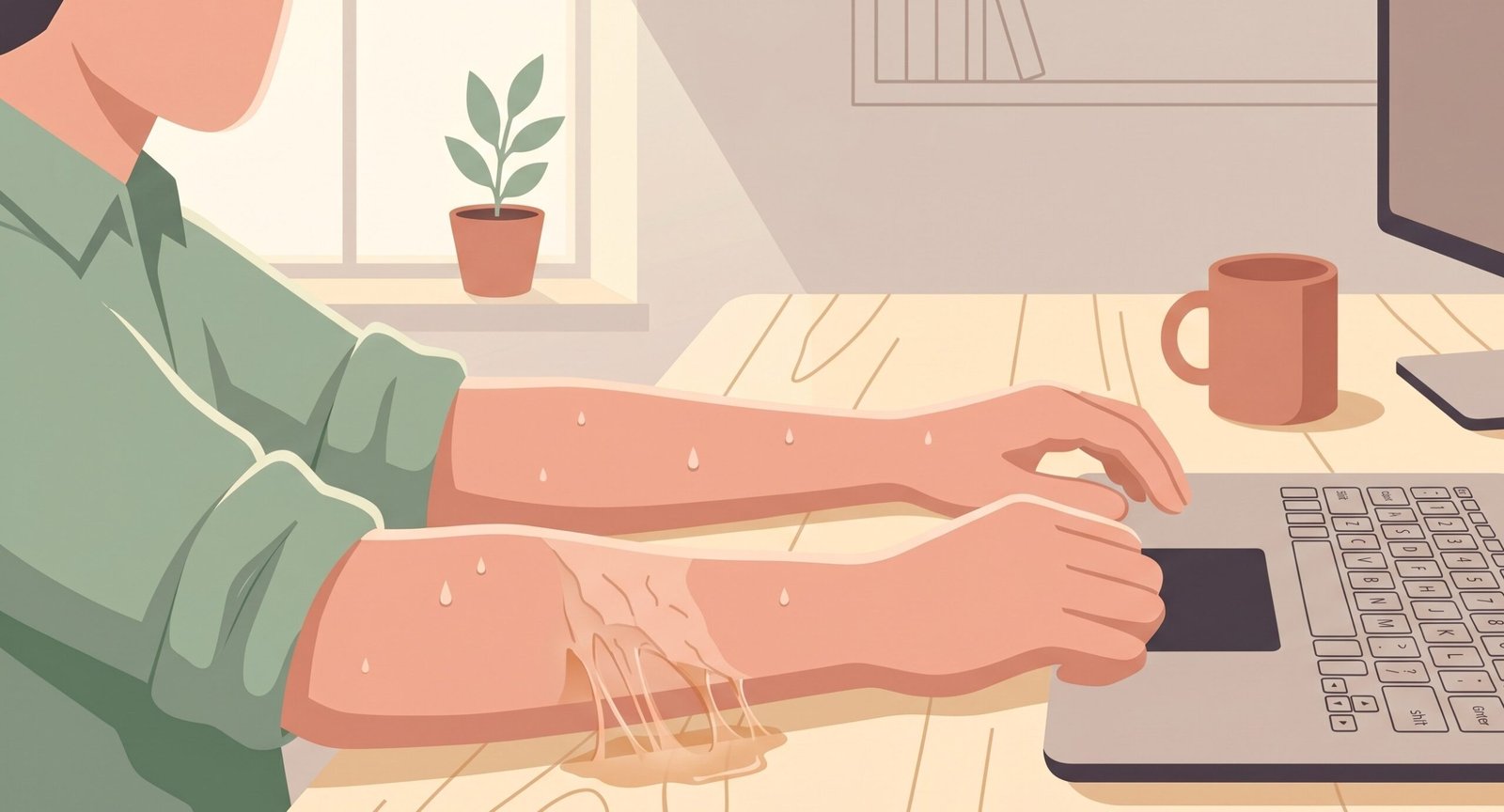 Illustration of arms sticking to desk with sweaty forearms on a home office desk