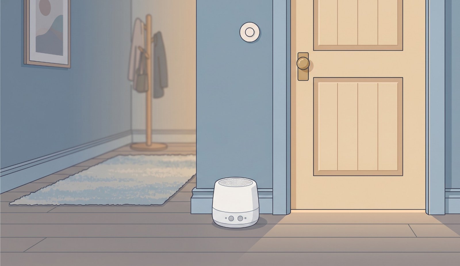 Do you need a baby sound machine — flat illustration of a sound machine outside a child's bedroom door