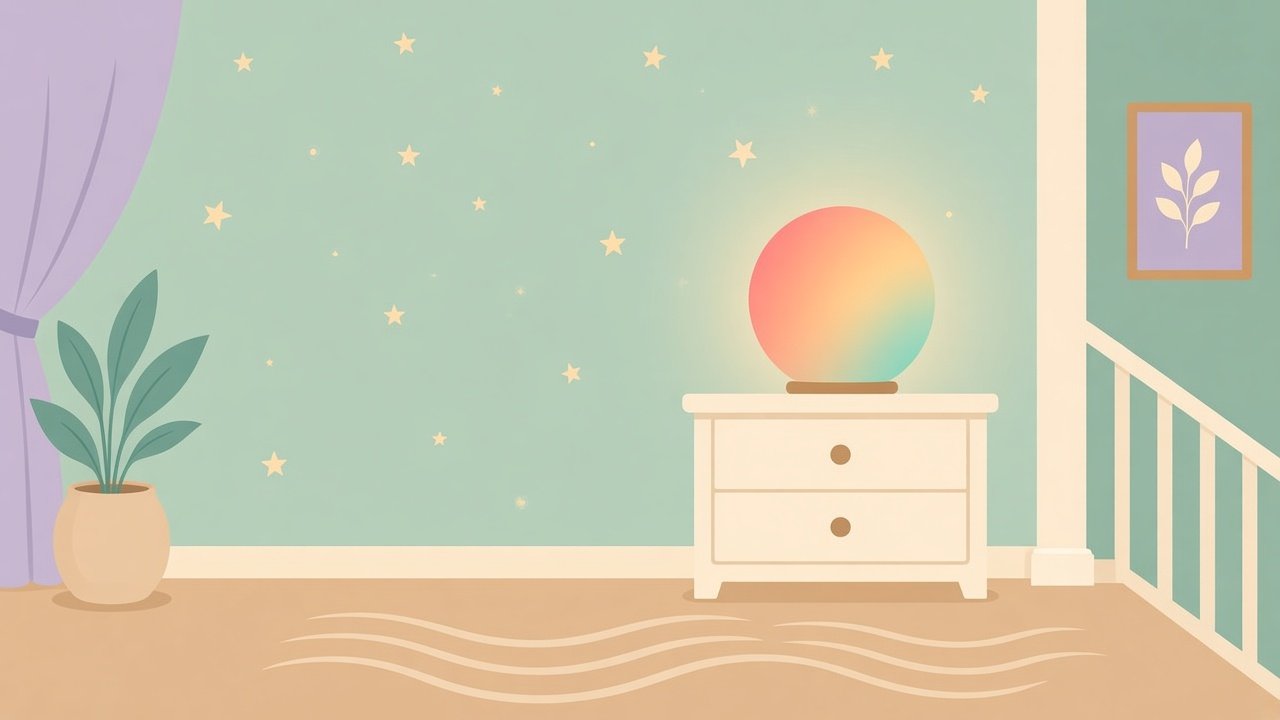 Best ok-to-wake clock: soft pastel nursery nightstand with glowing abstract ok-to-wake light