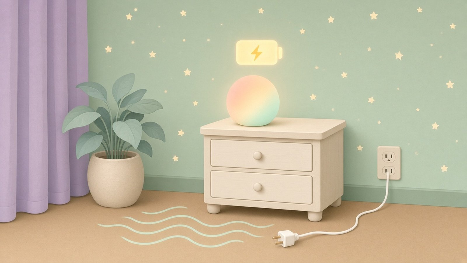 Hatch Rest+ discontinued soft pastel nursery night-light glow with an unplugged cord and battery icon