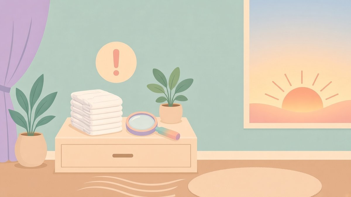 Millie Moon diaper recall guide: pastel nursery changing table with plain diapers, a magnifying glass and a gentle caution icon