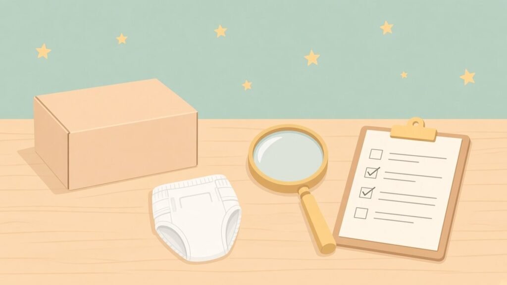Millie Moon diaper recall checklist: a plain diaper box, magnifying glass and blank checklist clipboard