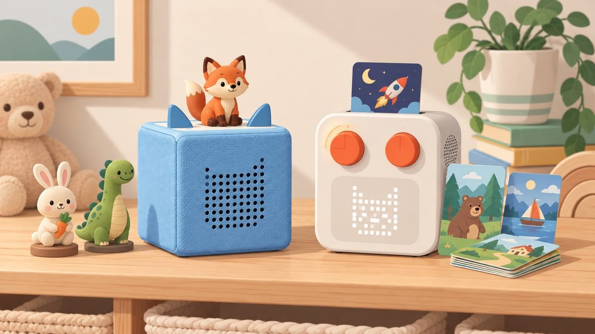 Toniebox vs Yoto illustration: a blue Toniebox with a fox figurine next to a Yoto Player with story cards on a playroom shelf