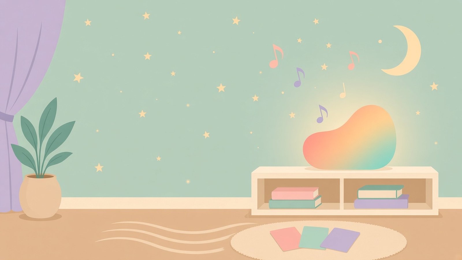 Yoto 4th Gen vs 3rd Gen pastel bedtime scene with a soft speaker shape, music notes, stars and blank story cards