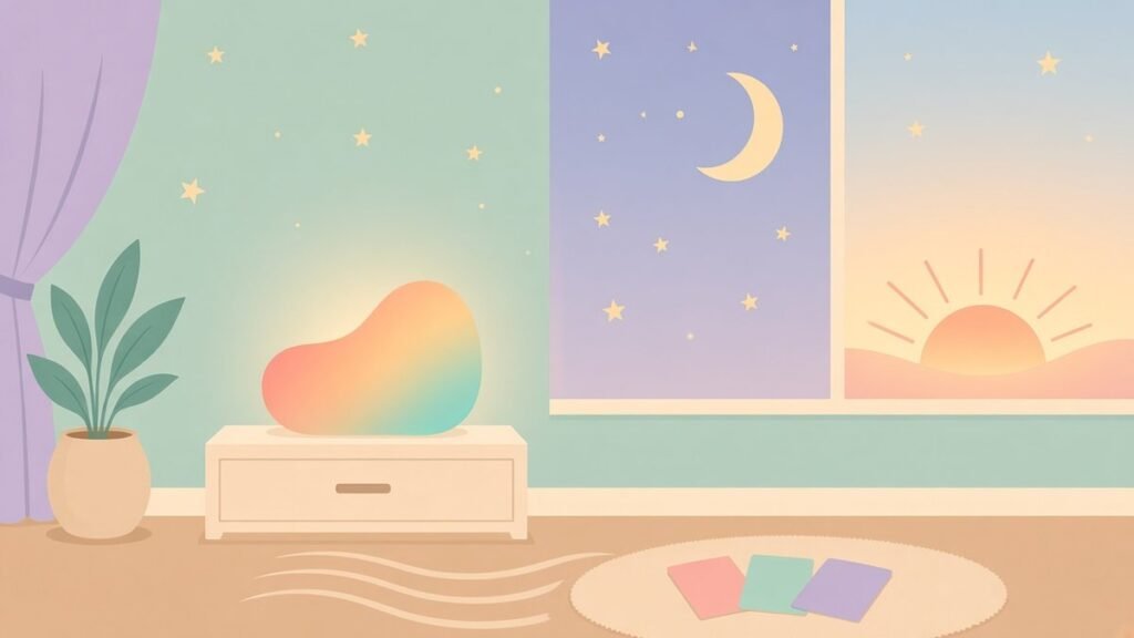 Yoto 4th Gen vs 3rd Gen ok-to-wake illustration with a glowing night light, a moon and sunrise window, and blank story cards